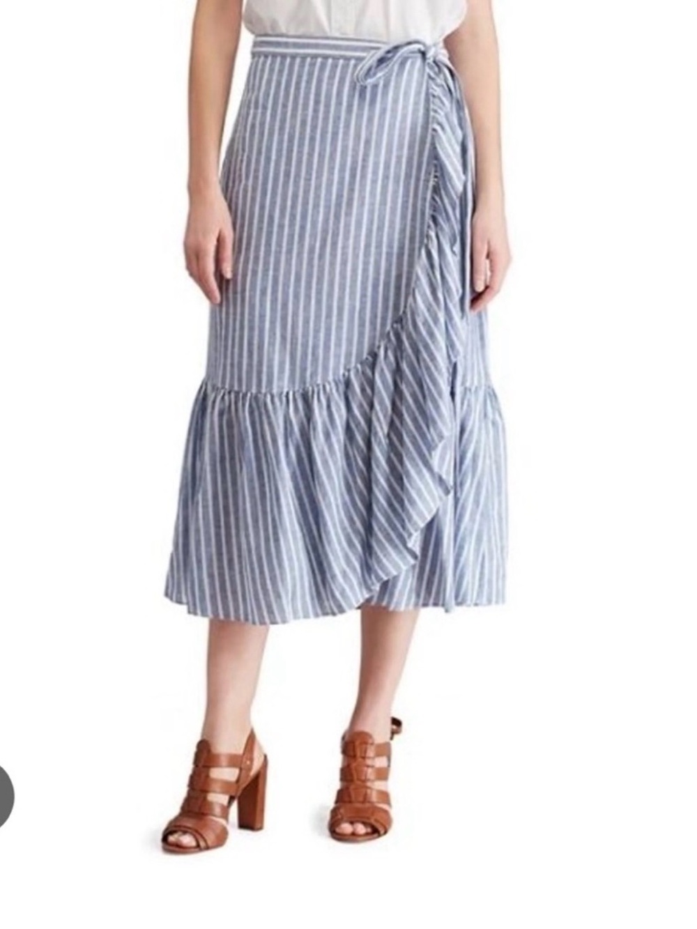 Chaps Blue & White Striped Wrap Midi Skirt size large NWOT